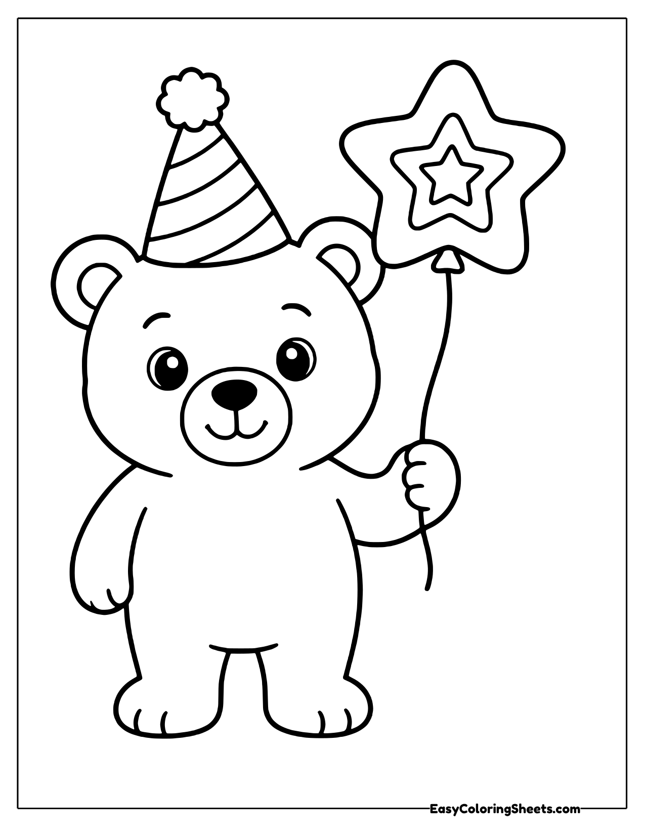 Cheerful bear in a striped party hat holding a star balloon