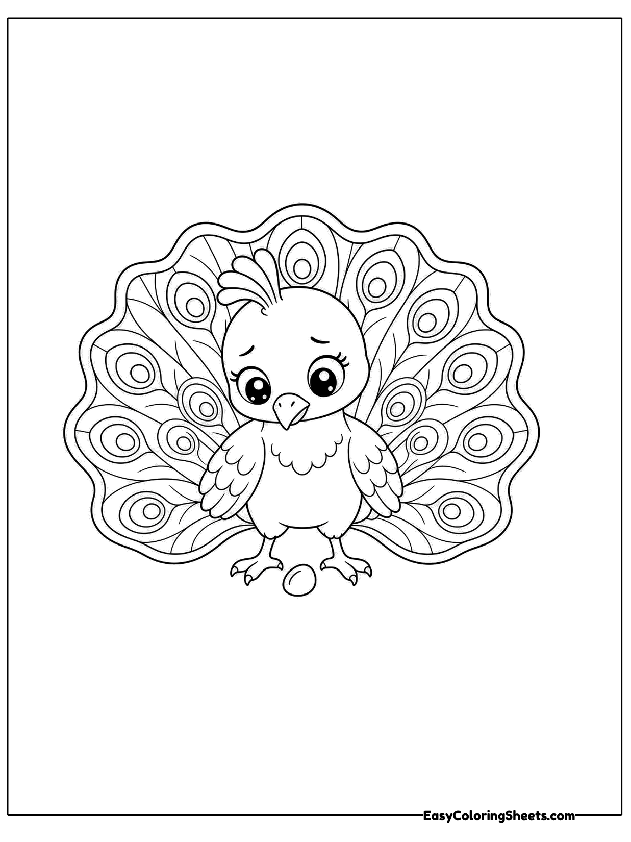 A smiling peacock stands before a fanned tail with a small egg resting at its feet.