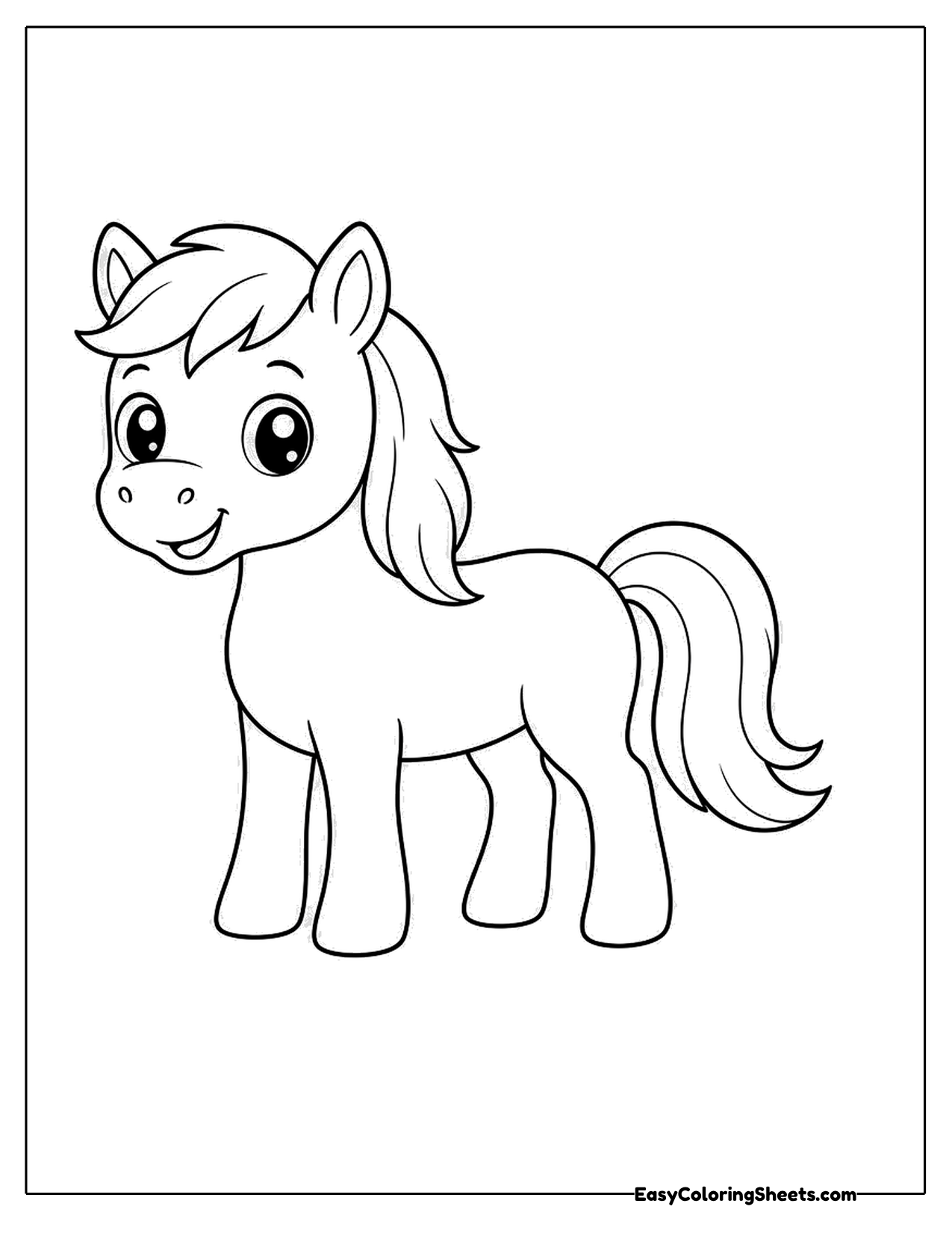 Cartoon horse with a flowing mane standing sideways