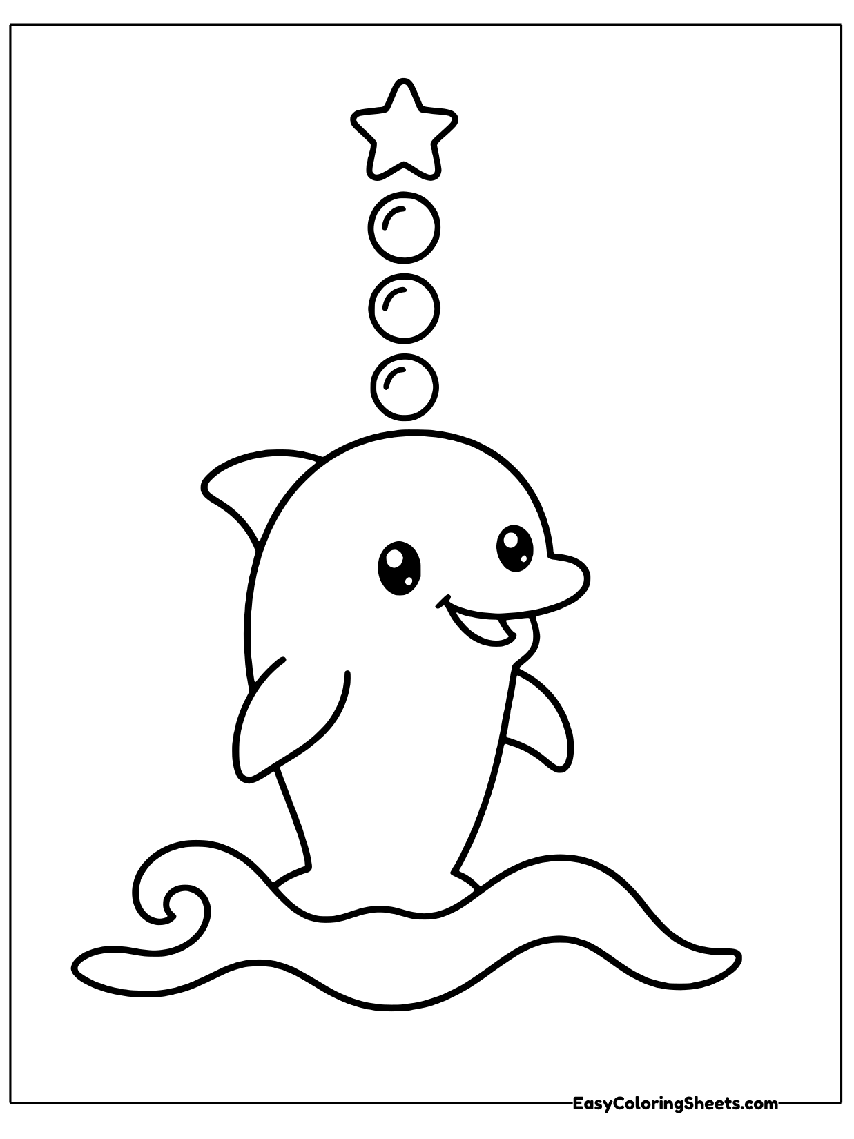 A dolphin rises from the water and blows a tall stack of bubbles above its head.