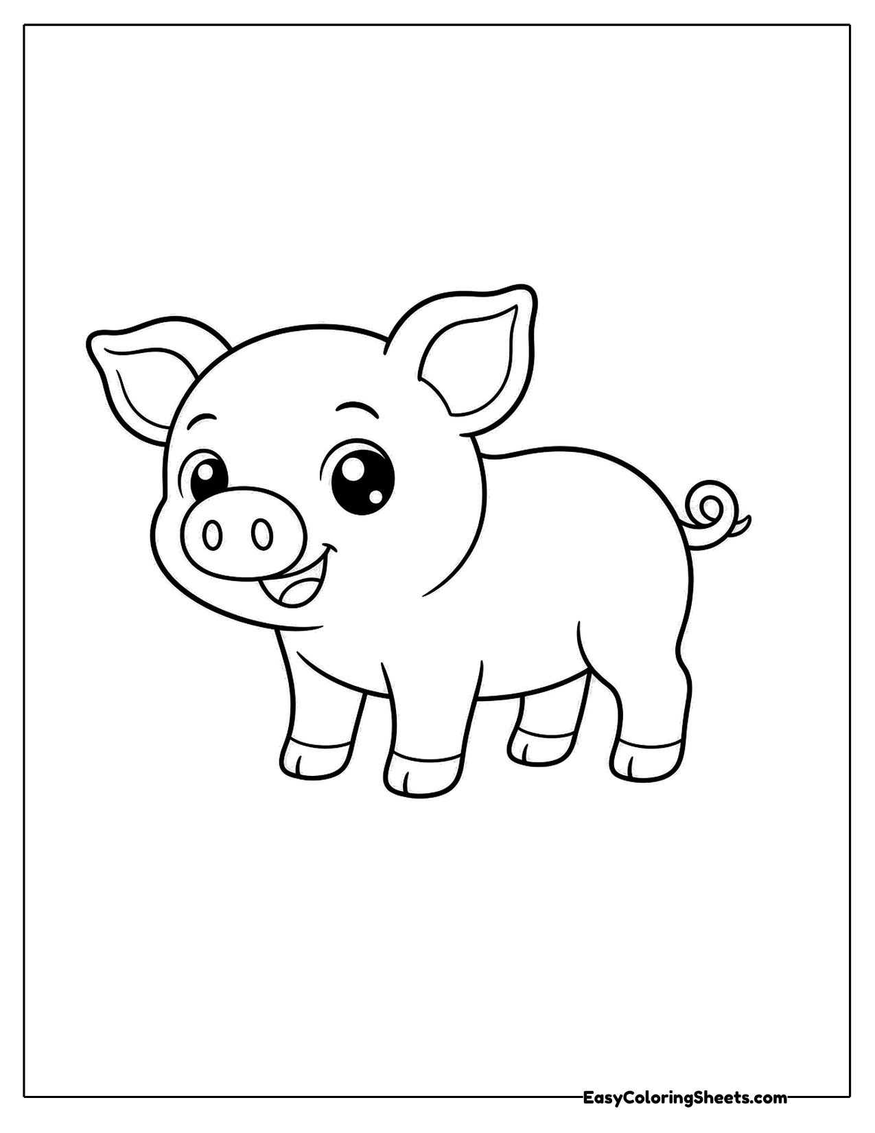 A smiling pig stands with a big grin, round snout and curly tail.