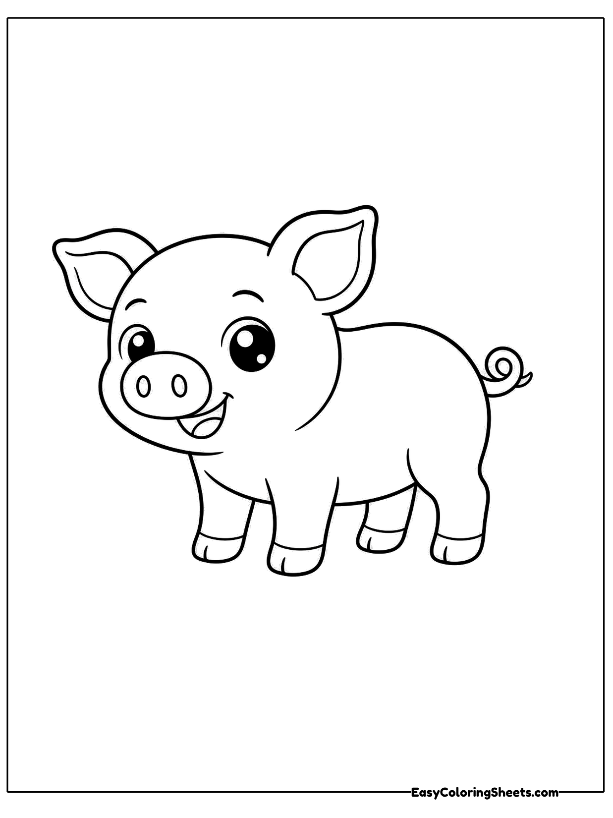 A smiling pig stands with a big grin, round snout and curly tail.