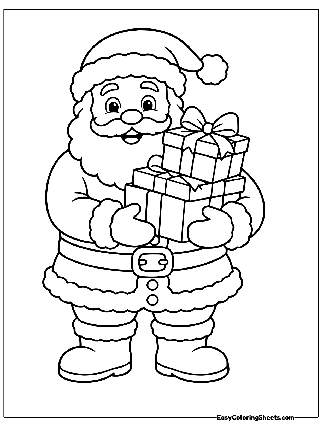 Santa balances a tall stack of presents in his arms, each box a little different.