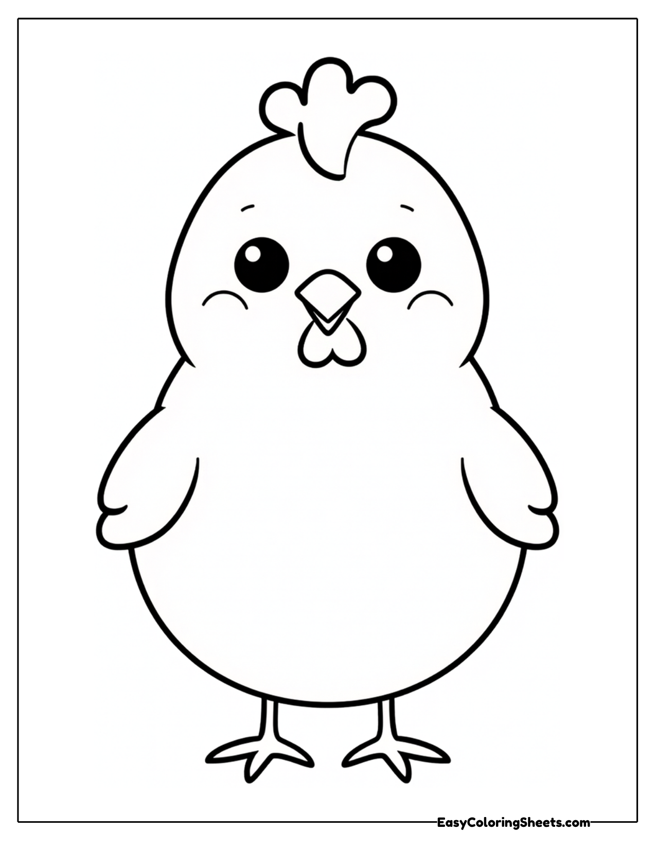 Round cartoon chicken with a comb and tiny feet
