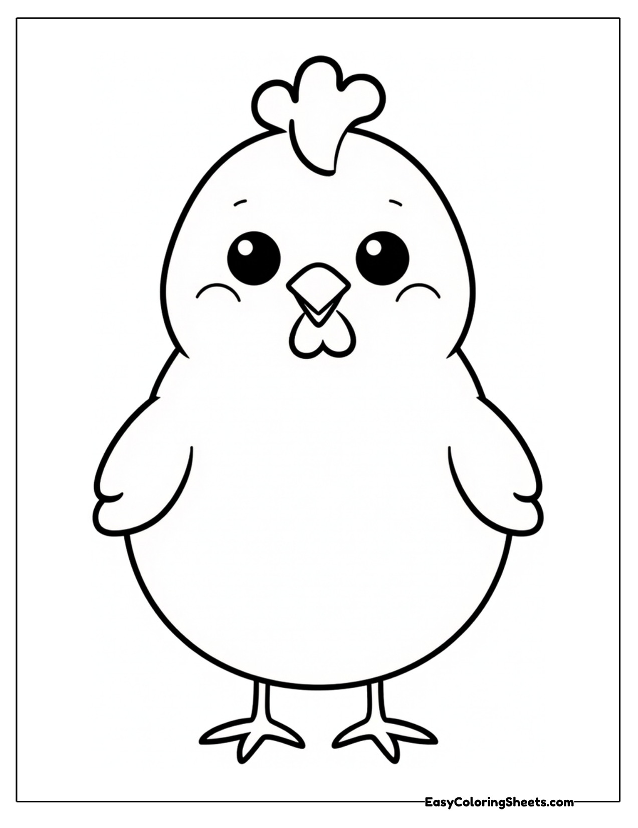 Round cartoon chicken with a comb and tiny feet