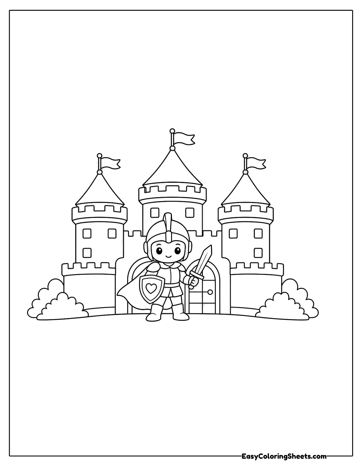 Cute castle with a small knight at the gate