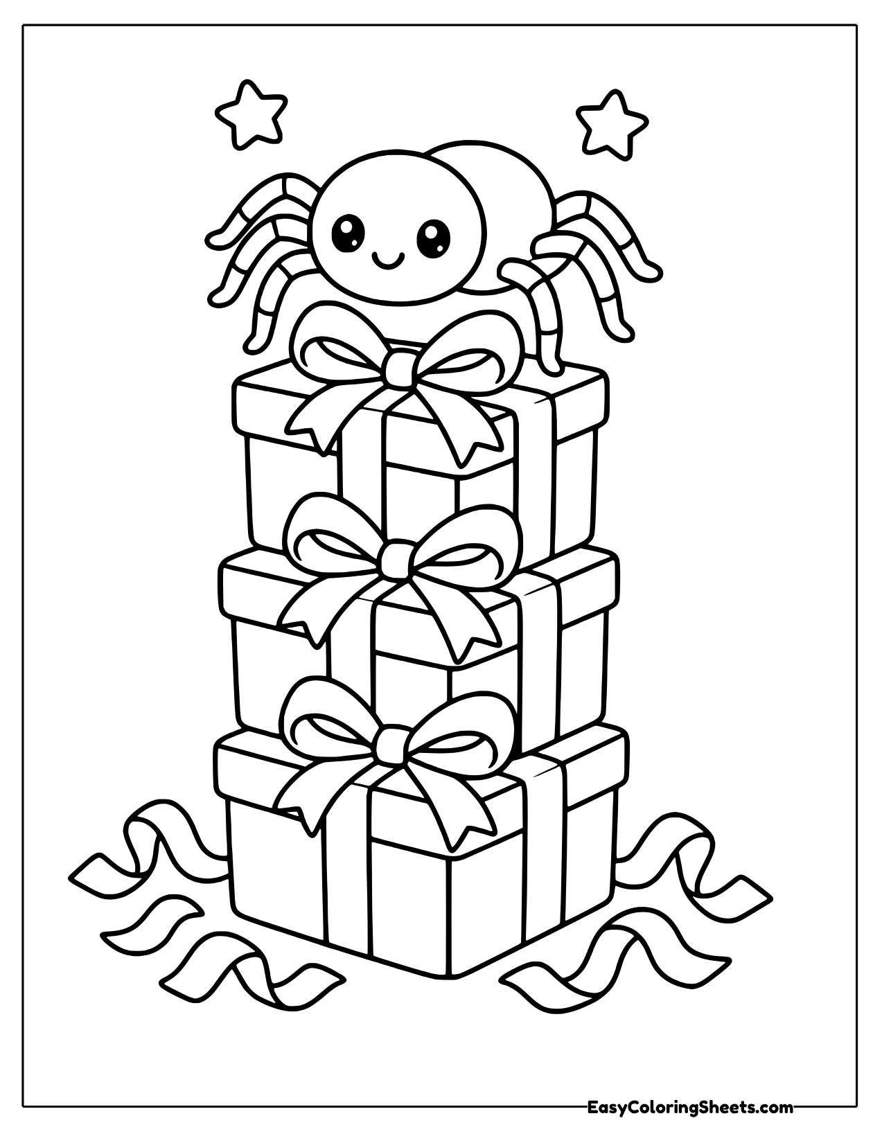 Spider sitting on top of a tower of wrapped gifts