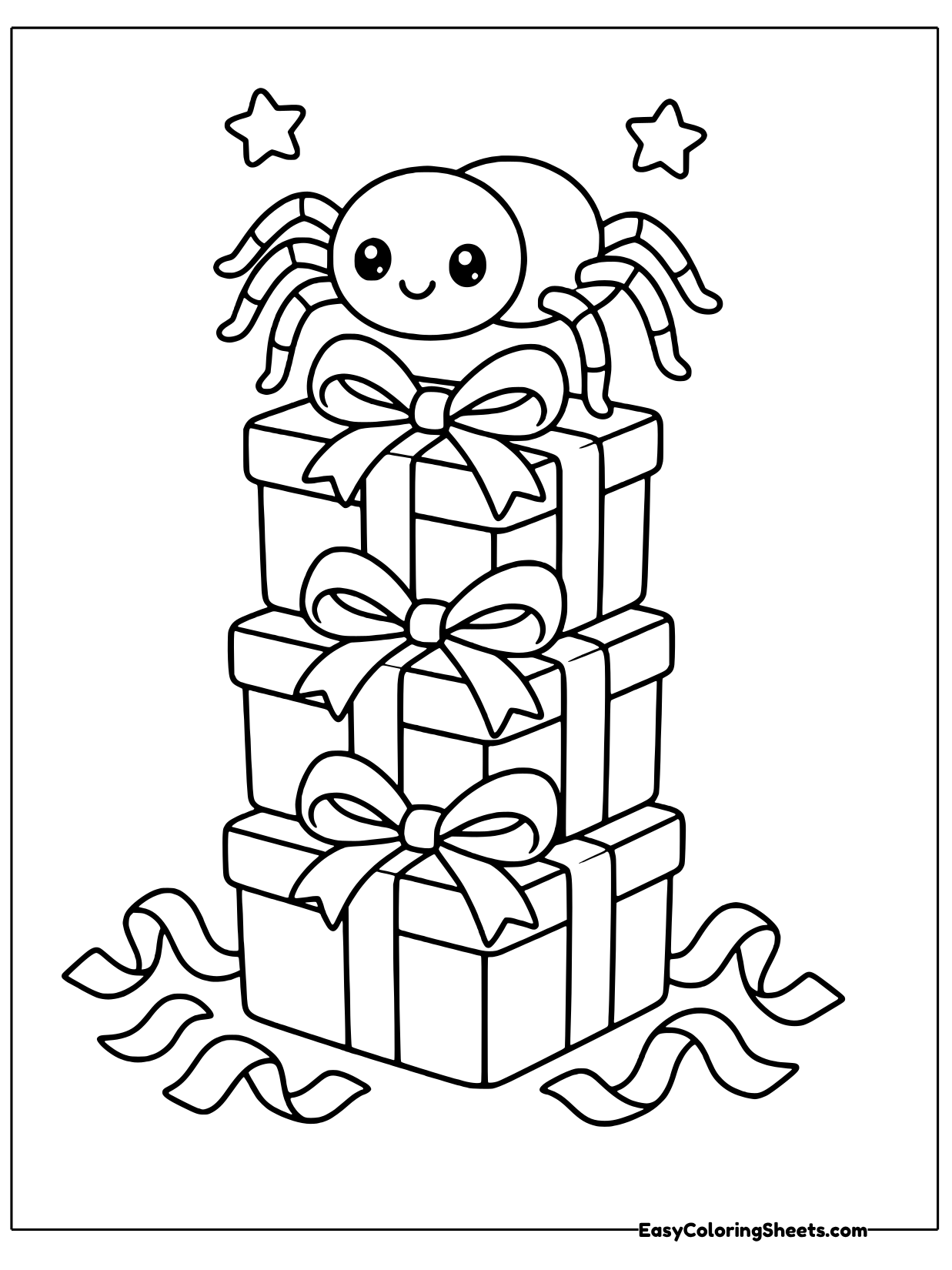 A smiling spider perches on top of a stack of three wrapped presents tied with ribbons and bows.