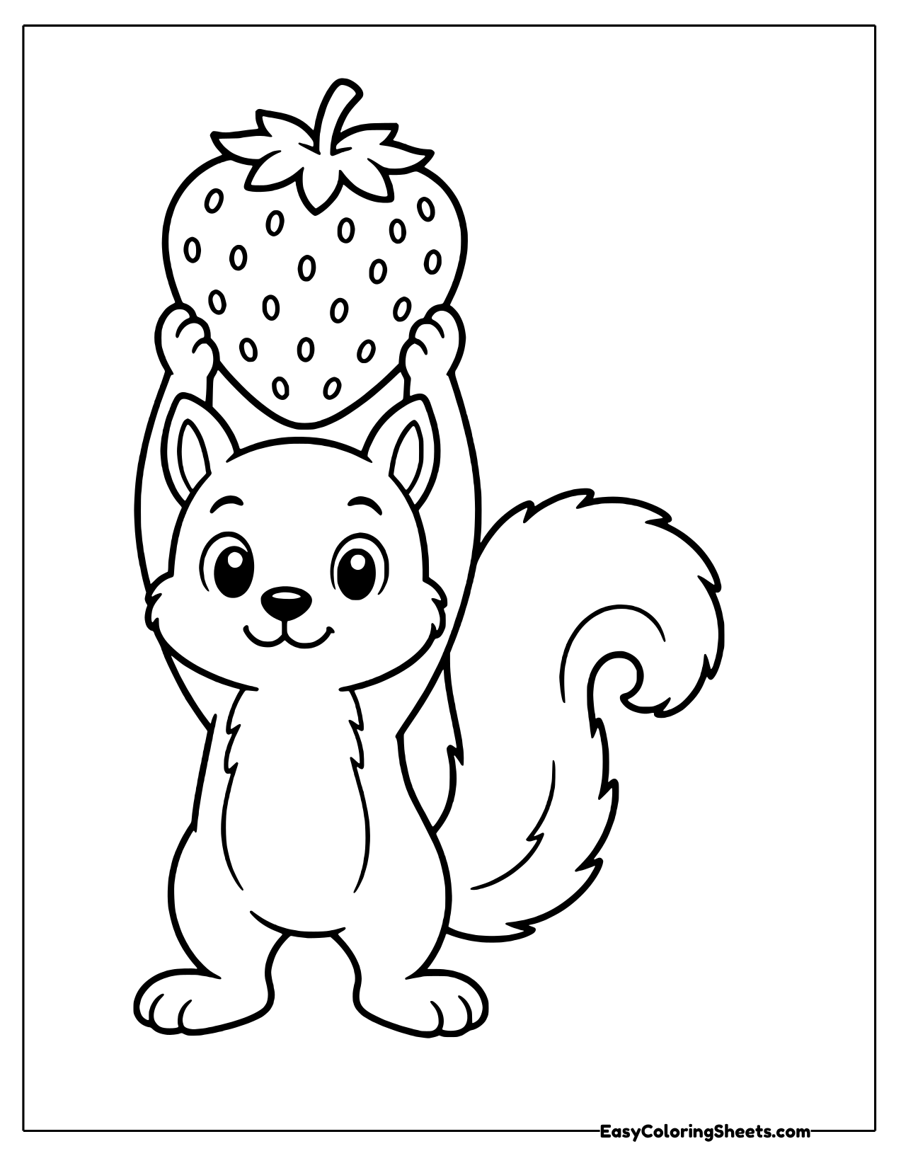 Bushy-tailed squirrel hoisting a big strawberry above its head
