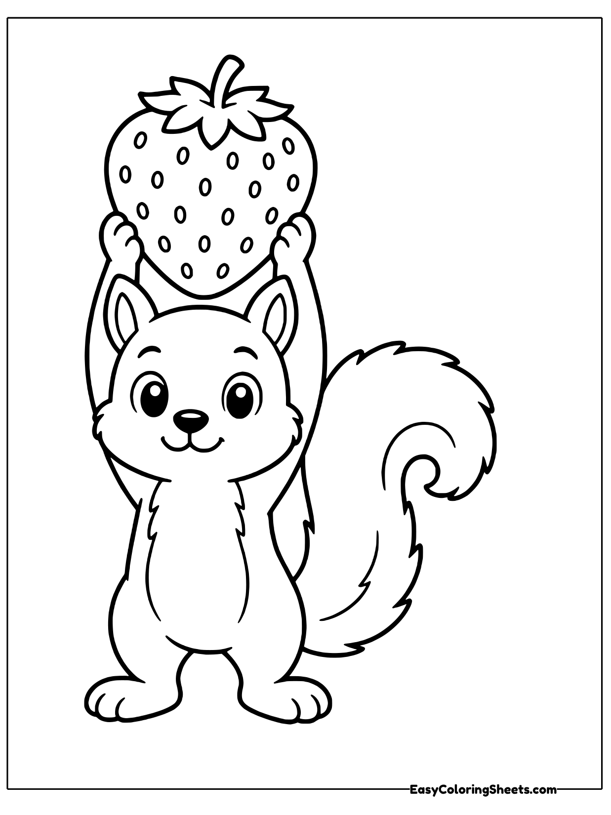A bushy-tailed squirrel stands tall and hoists a big strawberry above its head like a prize from the garden.