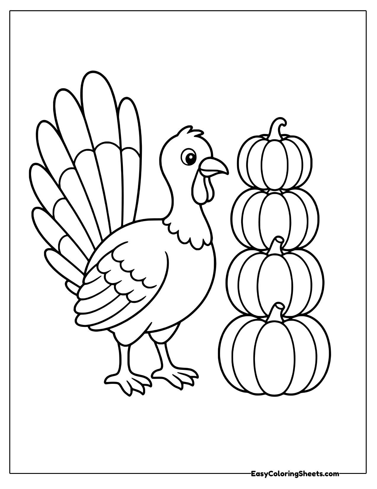 Turkey standing beside a stack of pumpkins
