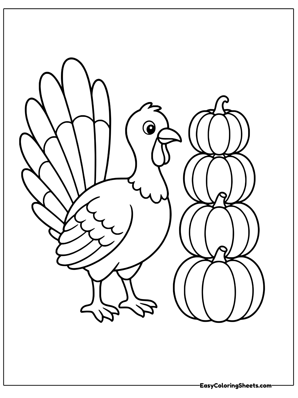 Next to a stack of pumpkins, this turkey celebrates the harvest season.