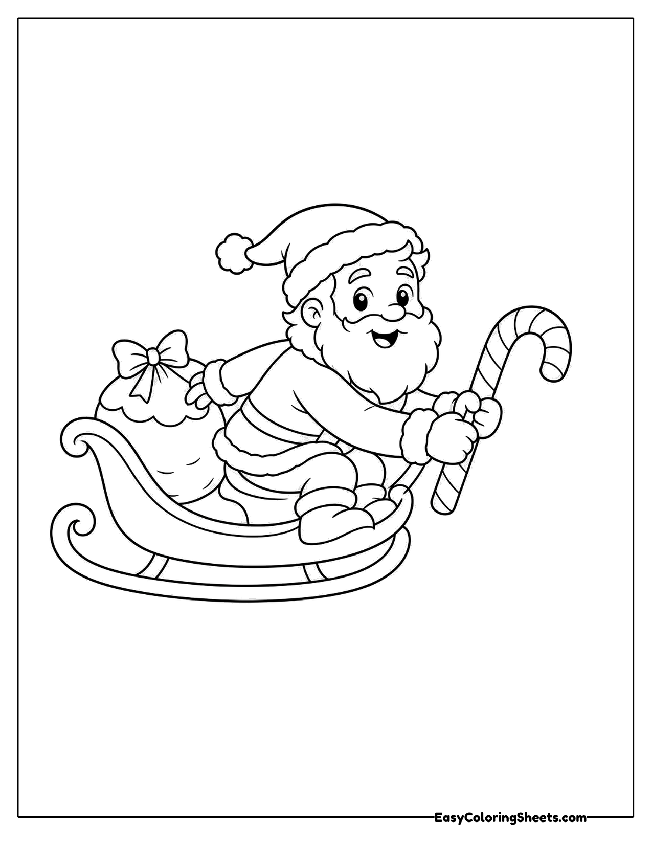Santa riding a sleigh full of presents and holding a candy cane