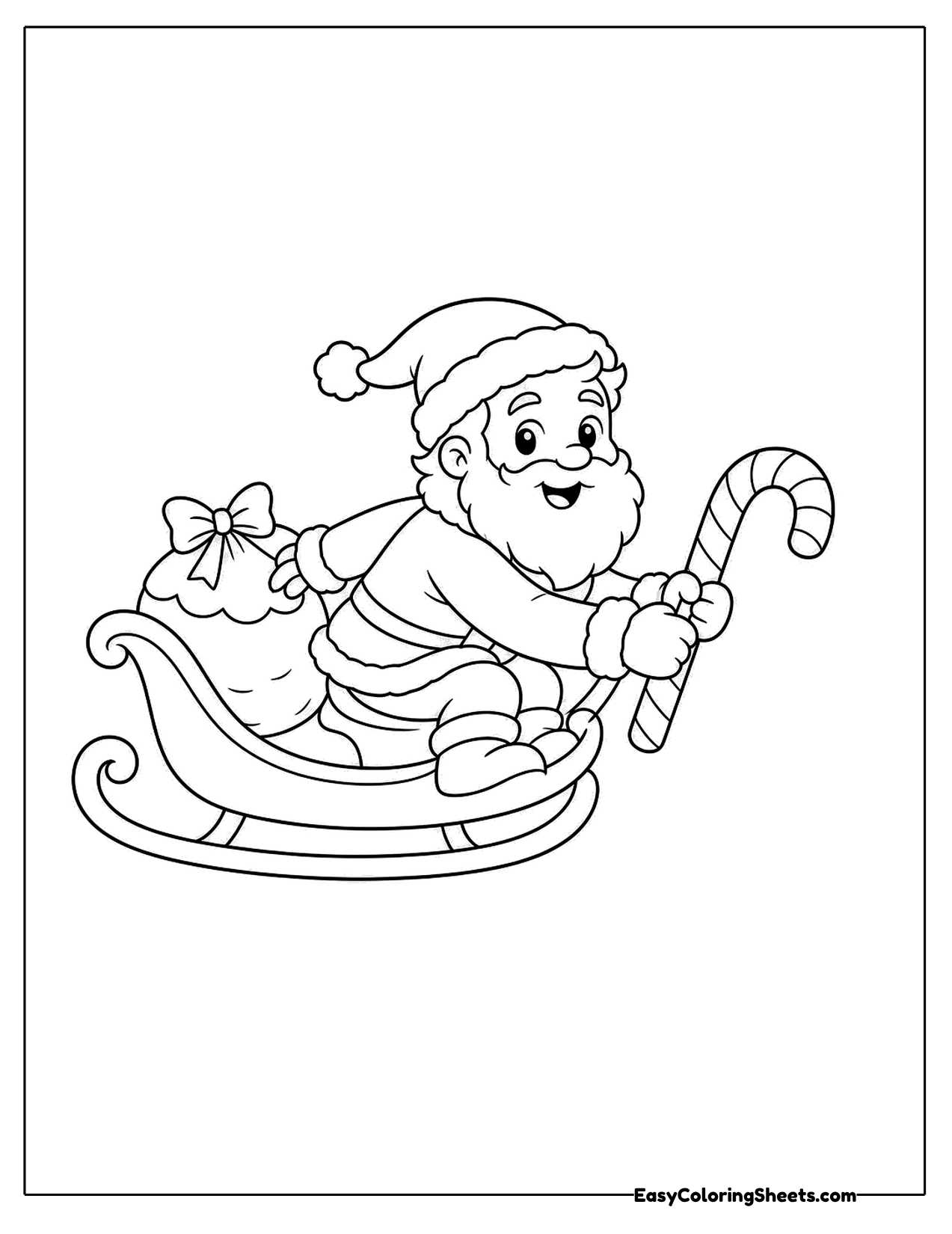 Santa riding a sleigh full of presents and holding a candy cane