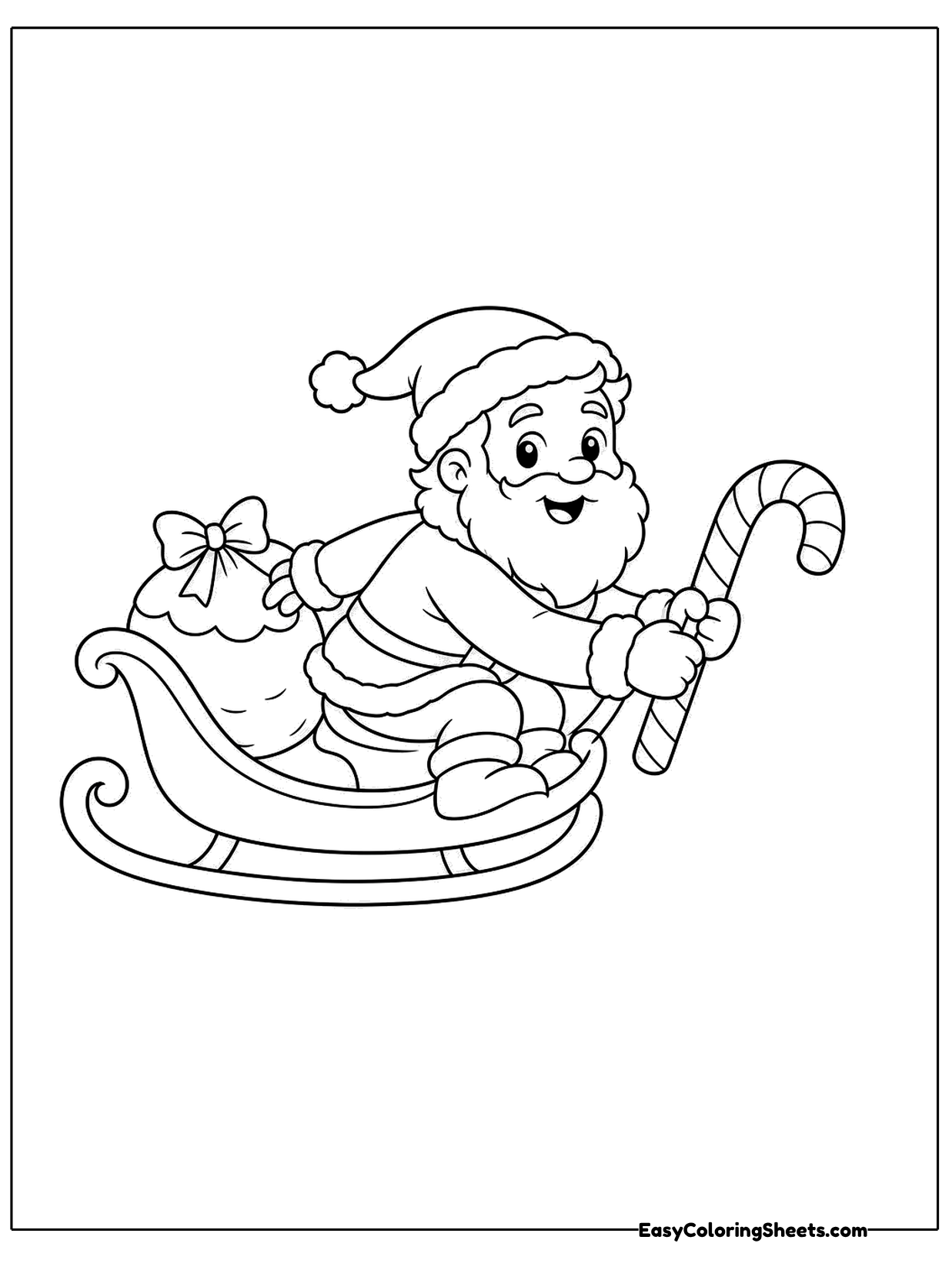 Santa sits in his sleigh with a sack of presents behind him, holding up a striped candy cane as he sets off on his Christmas.