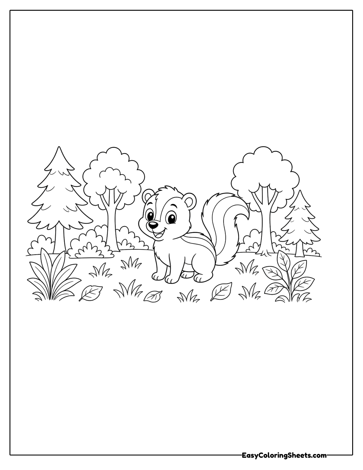 Skunk standing in a forest clearing among trees