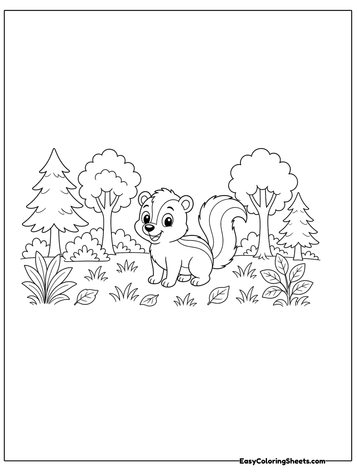 A little skunk stands in a clearing surrounded by leafy trees, bushes and tiny flowers.