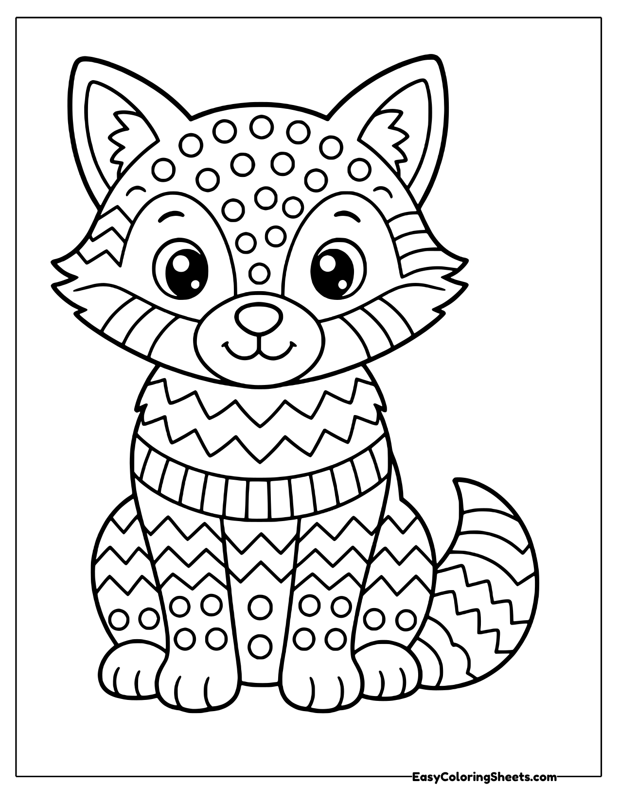 Sitting fox filled with dot rows, zigzag stripes and tail bands