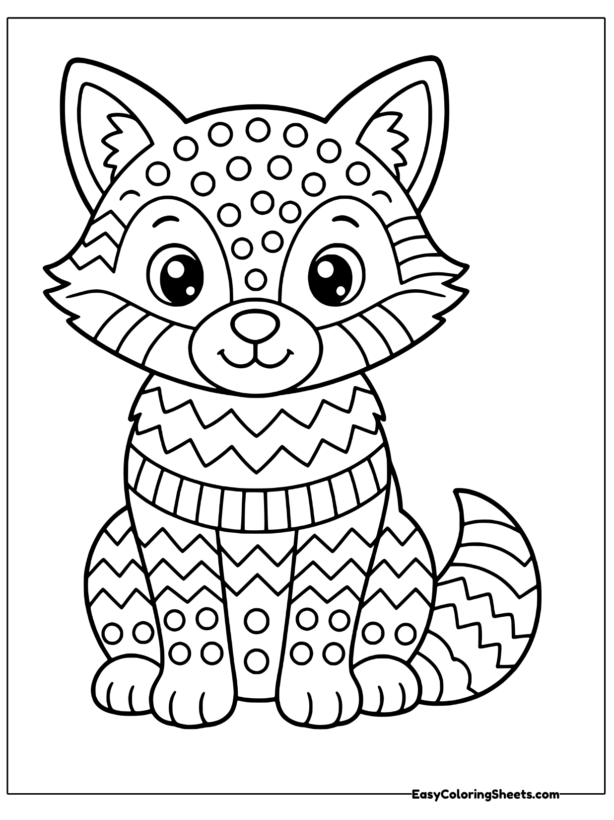 A sitting fox is filled with simple zentangle patterns: rows of dots on its head, zigzag stripes on its chest.