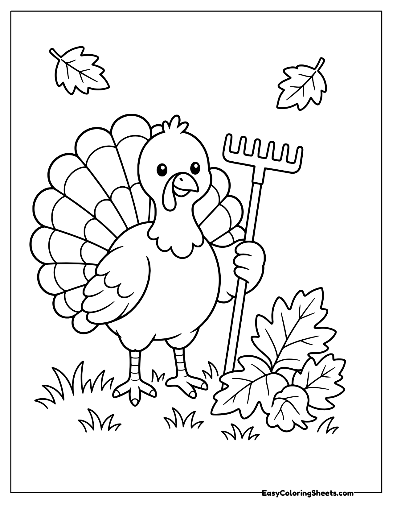 Cute turkey holding a rake beside a pile of autumn leaves