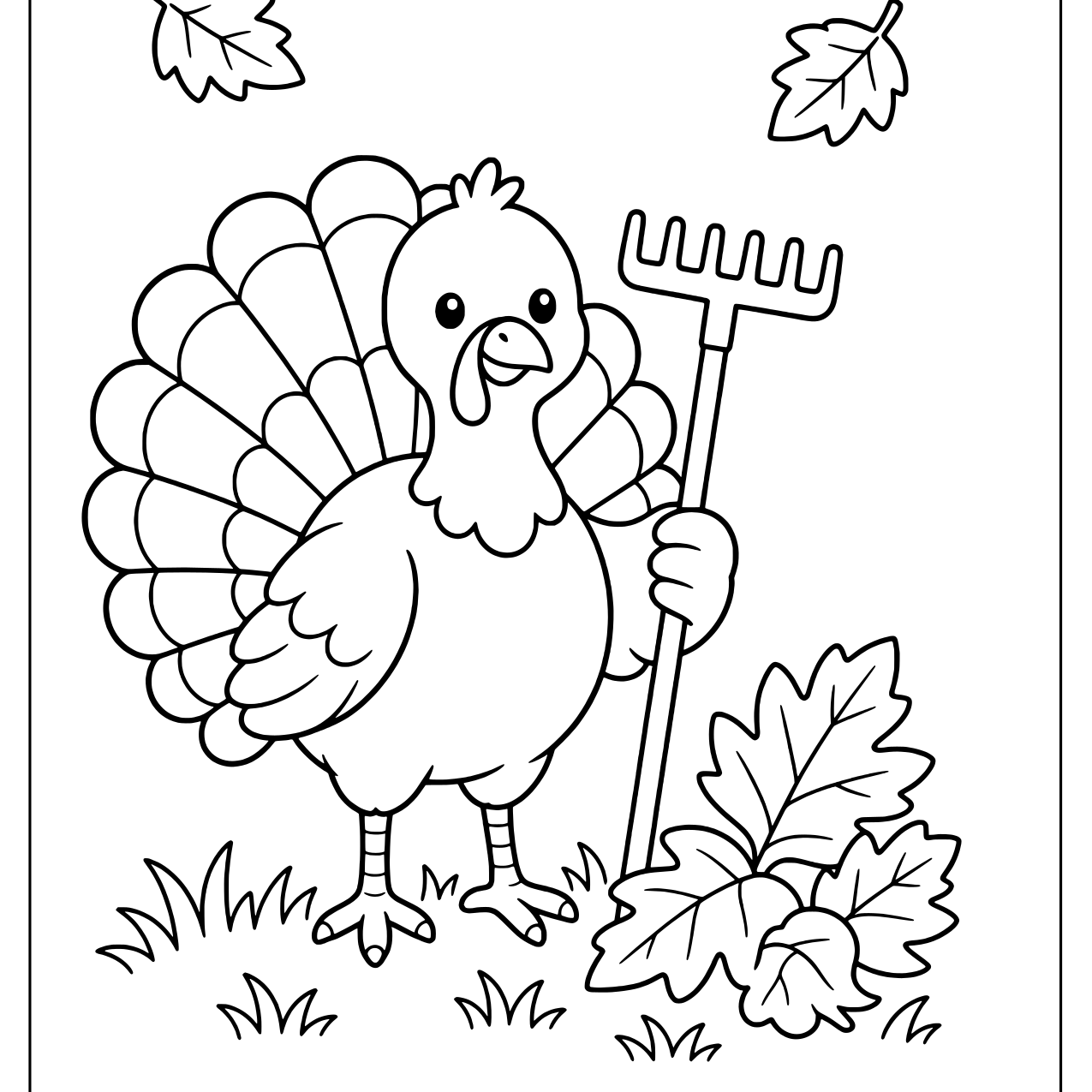 Cute turkey holding a rake beside a pile of autumn leaves