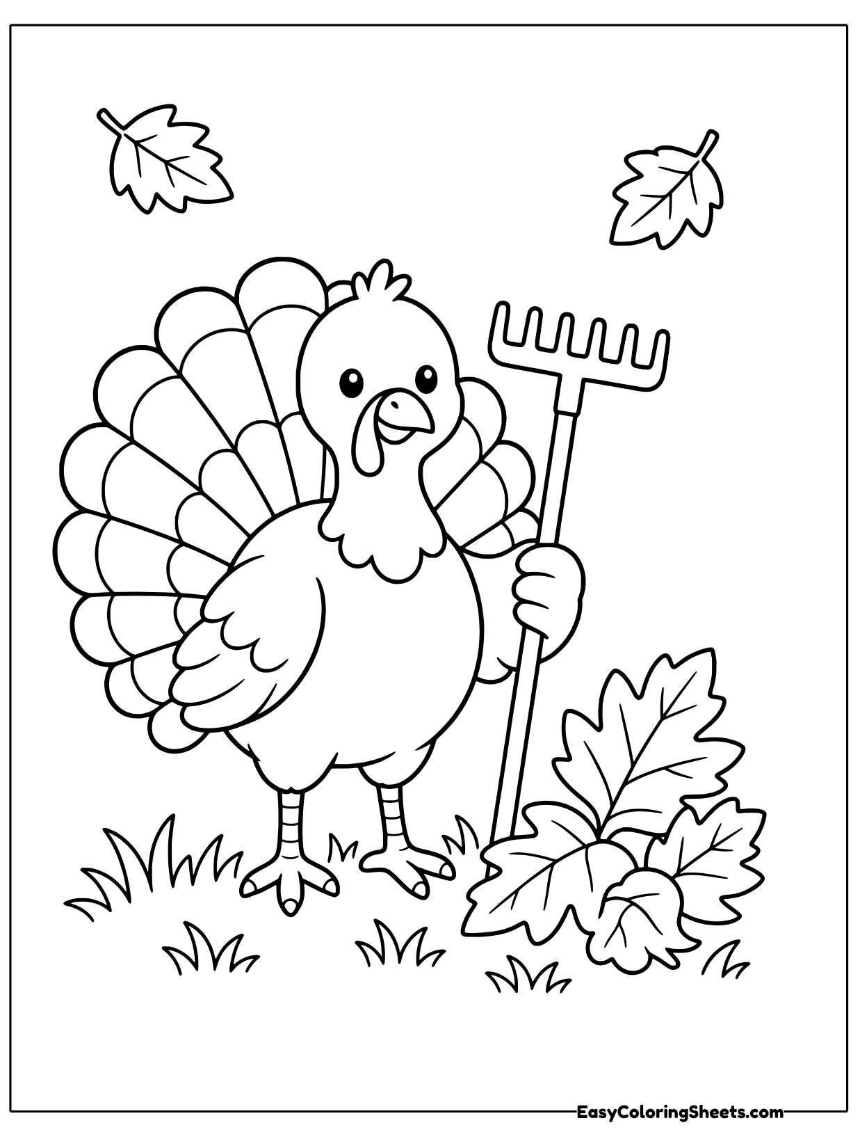 A cheerful turkey holds a garden rake next to a pile of big autumn leaves, with grass at its feet and two leaves drifting.
