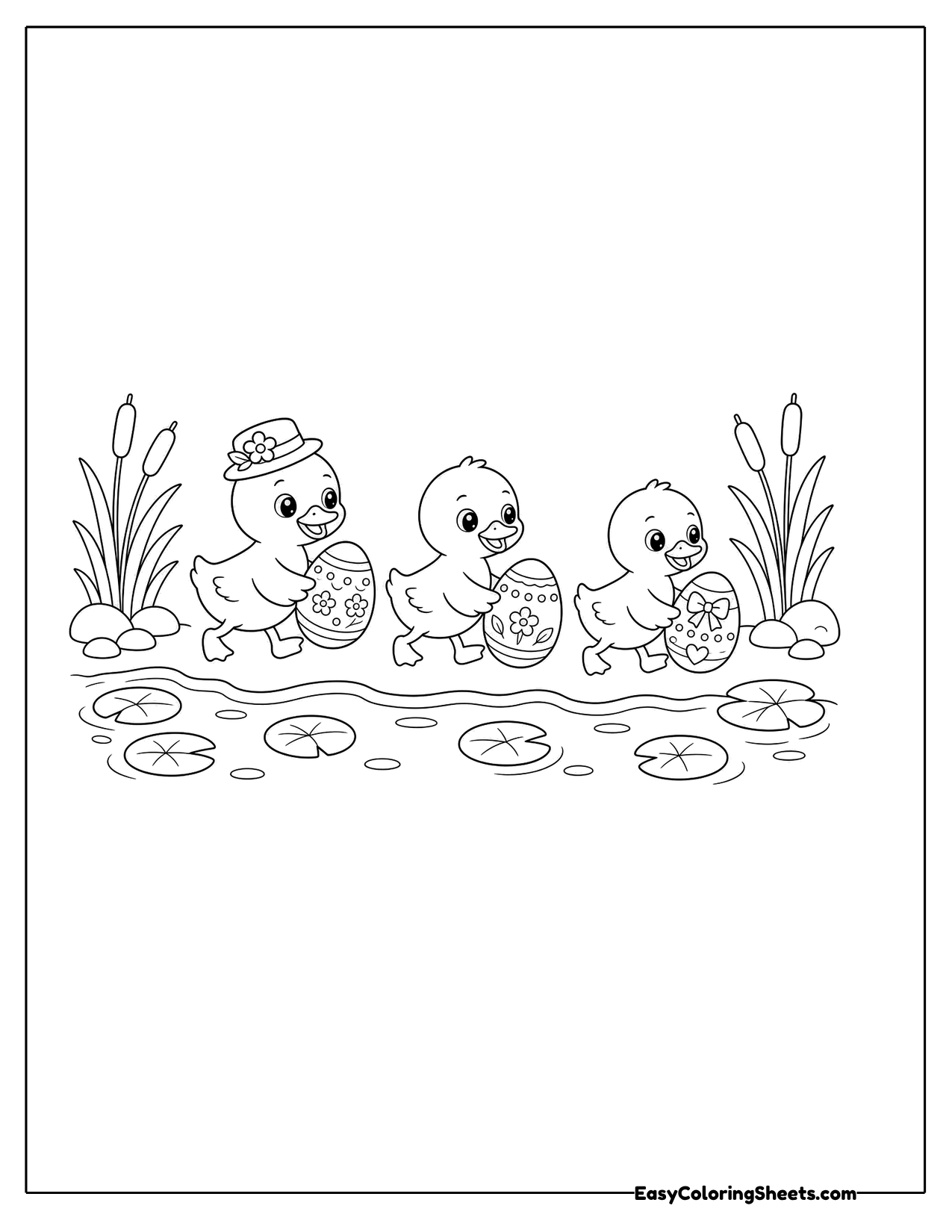 Ducklings with Easter eggs by a stream