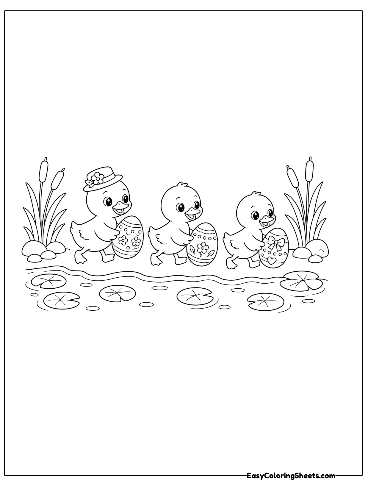 A row of ducklings walks beside a stream with painted Easter eggs on the grass.