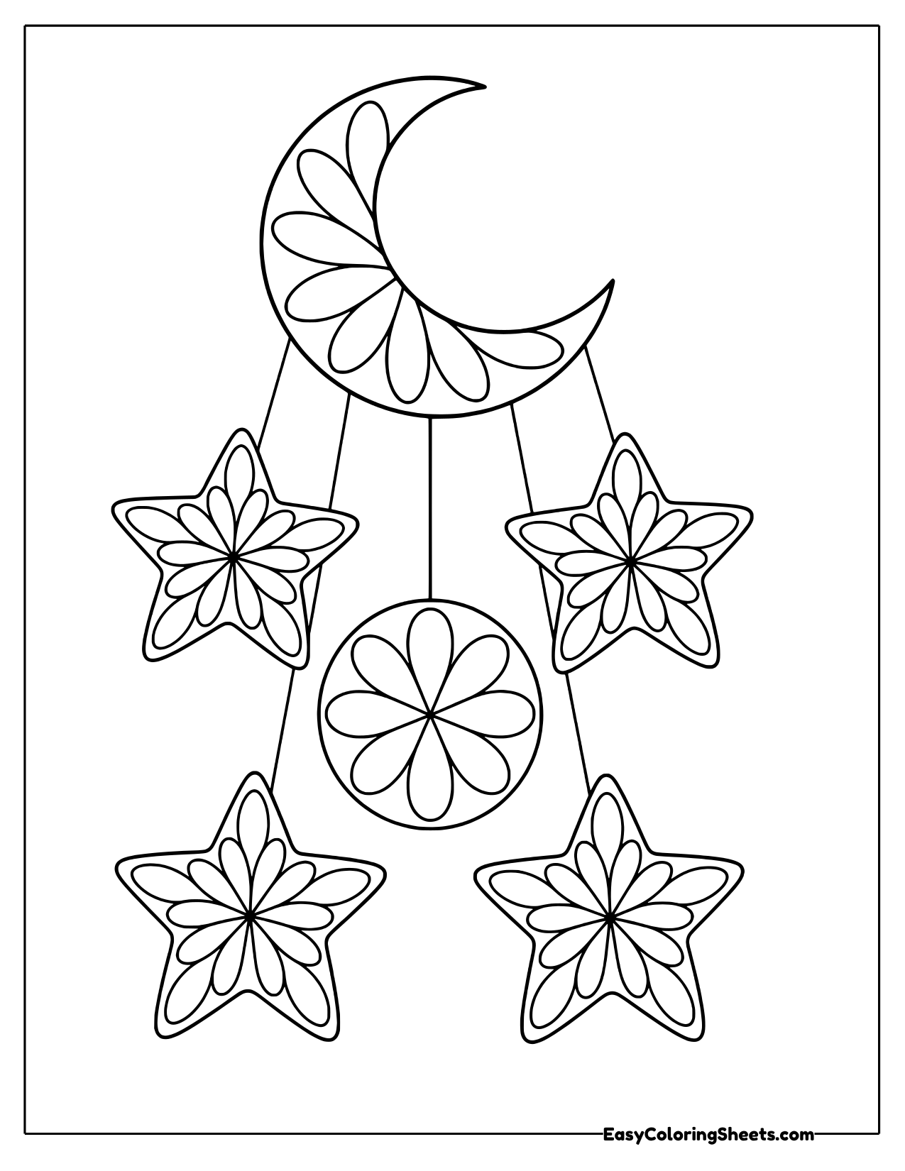 Hanging mobile of a crescent moon with four stars and a round moon filled with petals