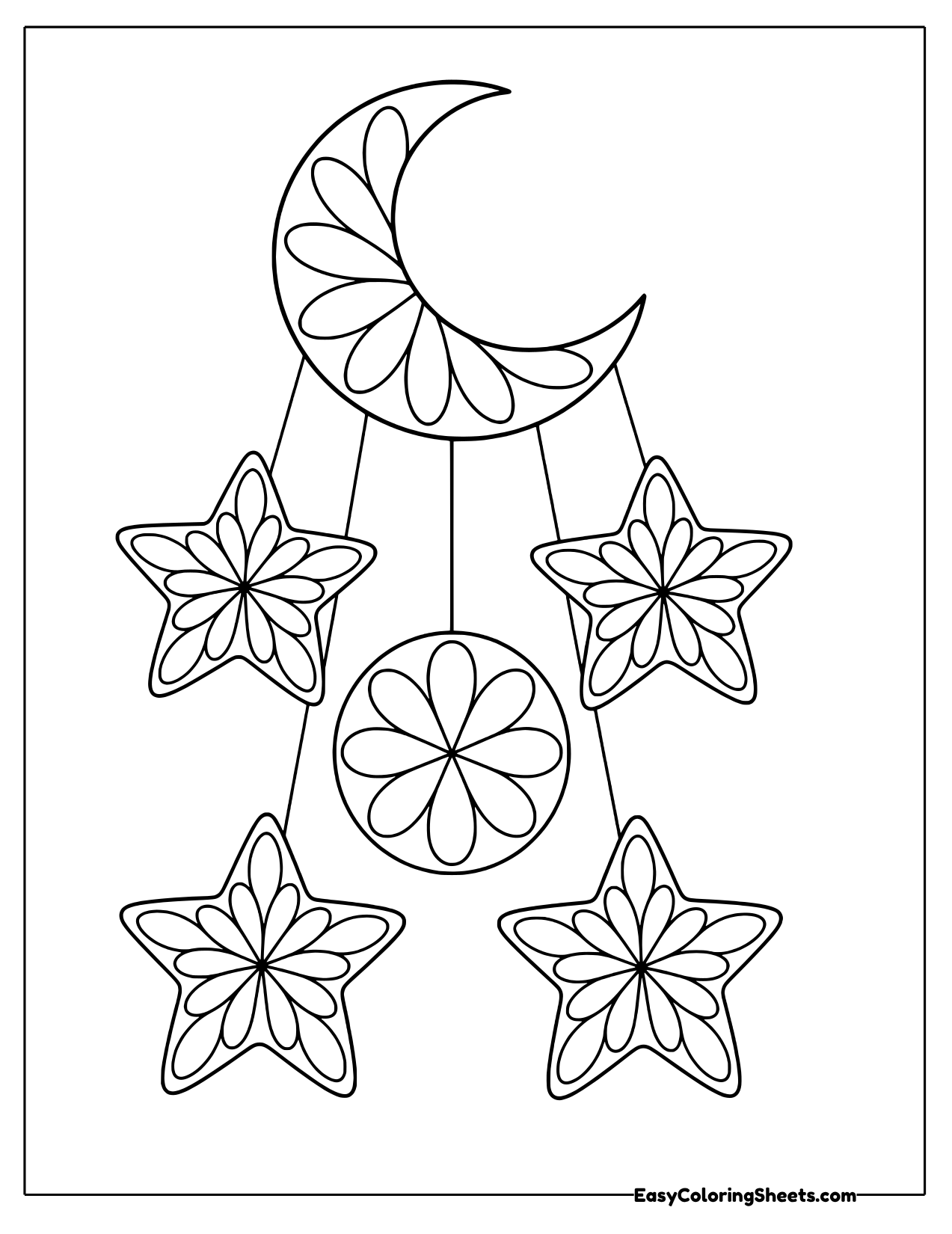 Hanging mobile of a crescent moon with four stars and a round moon filled with petals