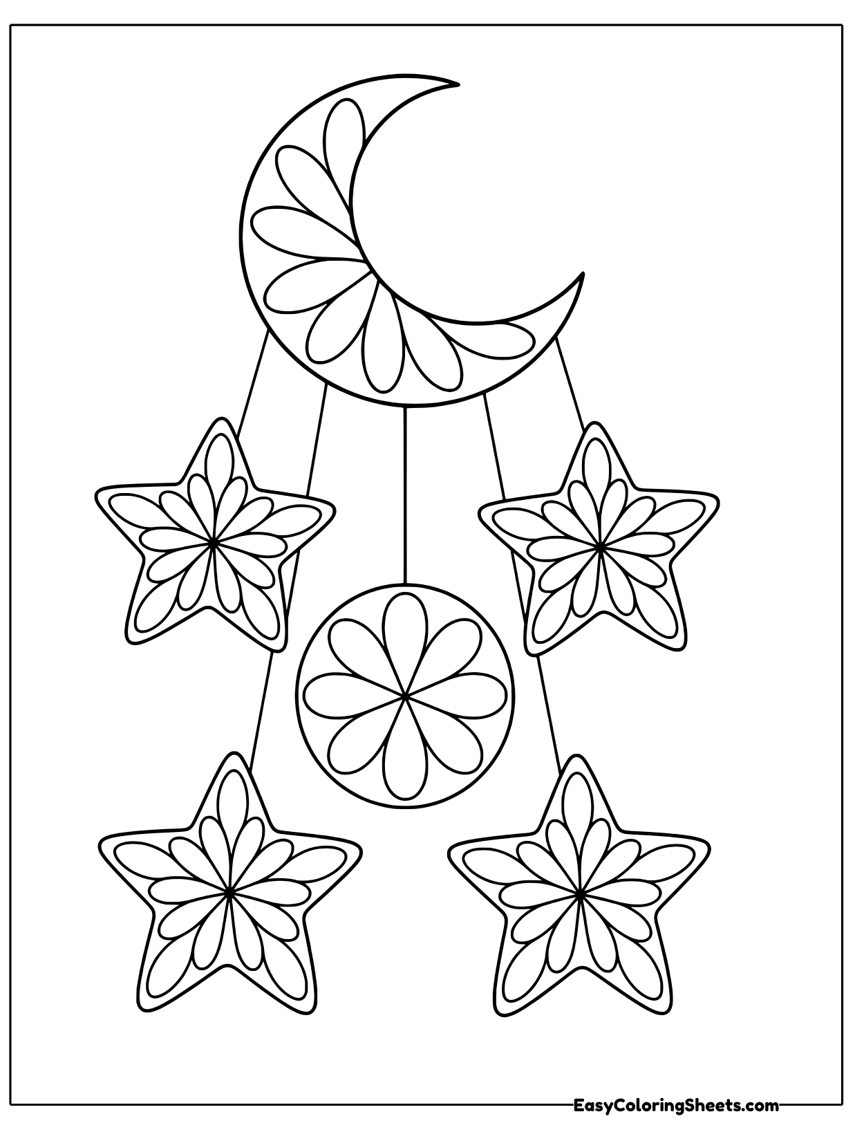 A crescent moon at the top holds a hanging mobile of four big stars and a round full moon on long strings.