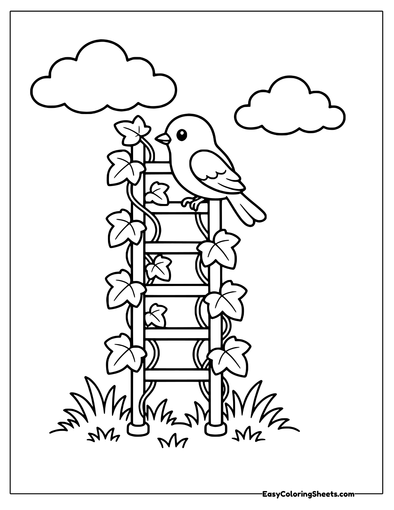 Bird perched on a leafy trellis