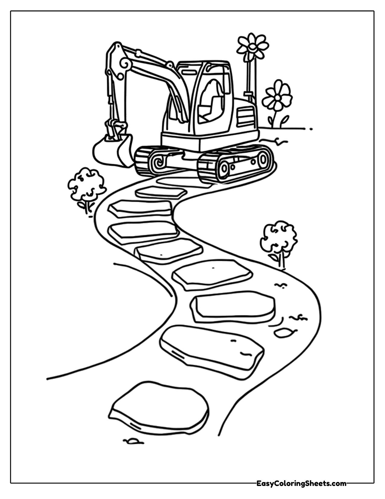 Mini excavator parked beside a winding stepping stone garden path