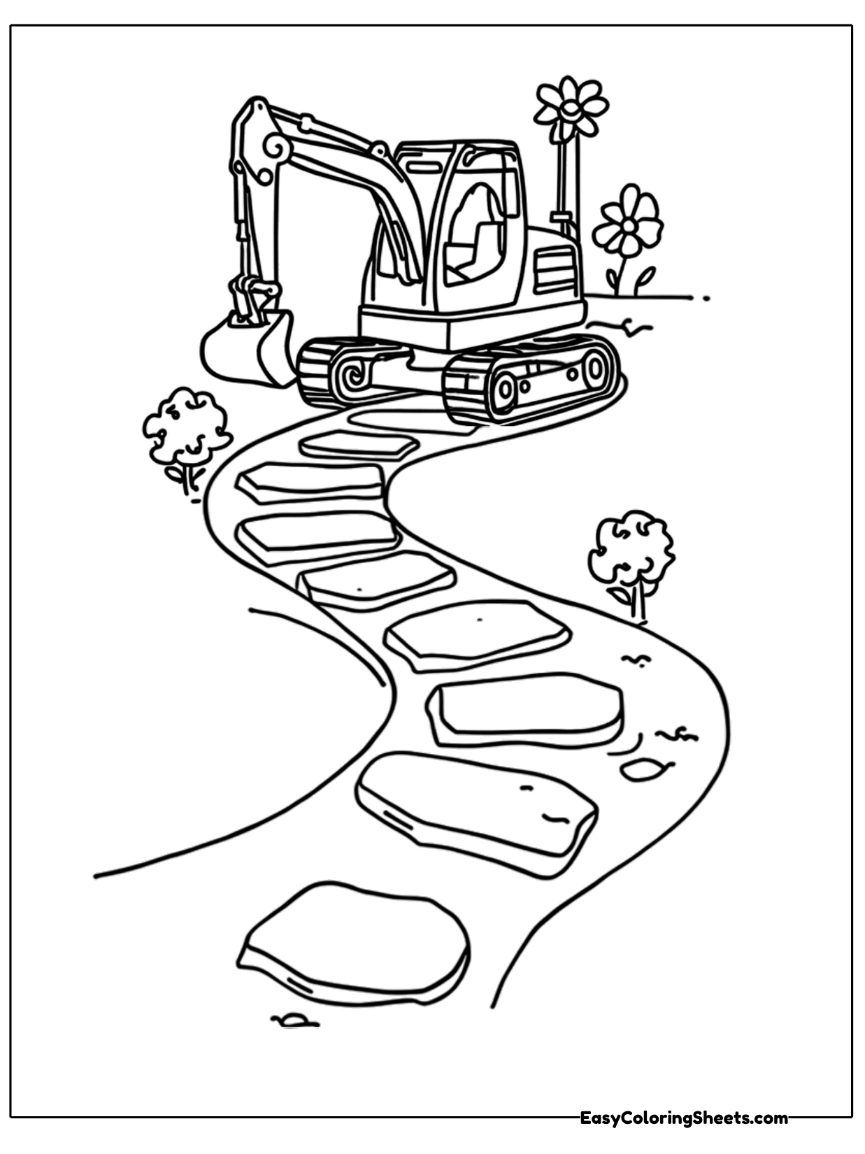 A small excavator sits at the top of a curving garden path made of flat stepping stones.
