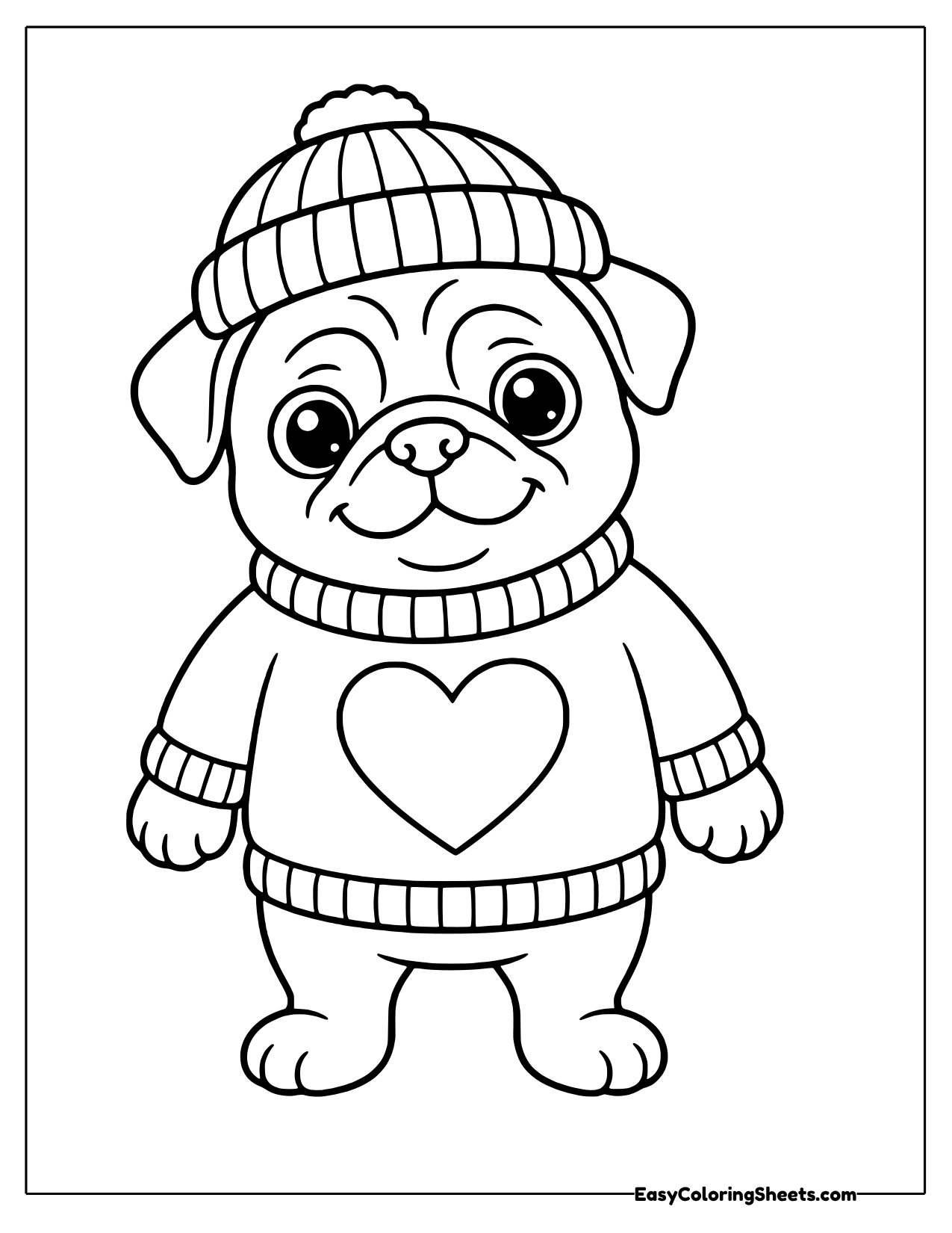 Cozy pug wearing a knit beanie and a sweater with a heart