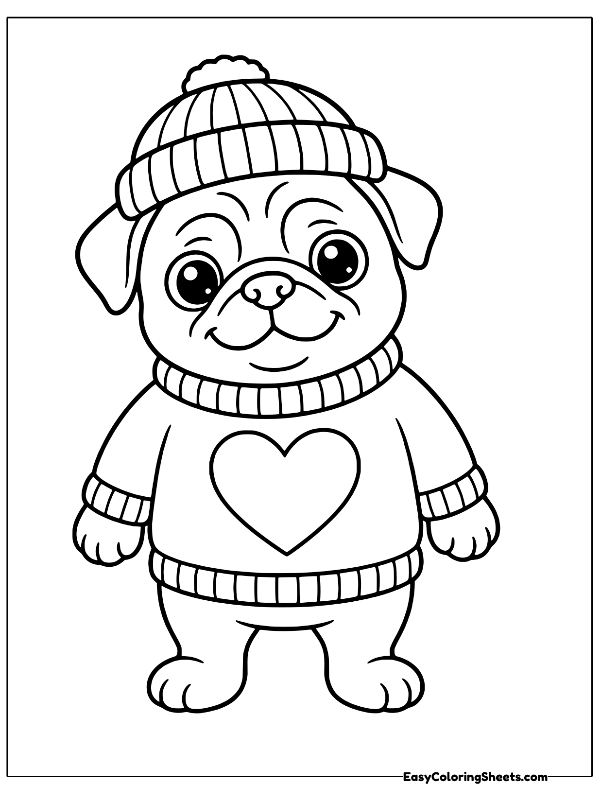 A cozy pug wears a ribbed knit beanie and a chunky sweater with a big heart on the front.