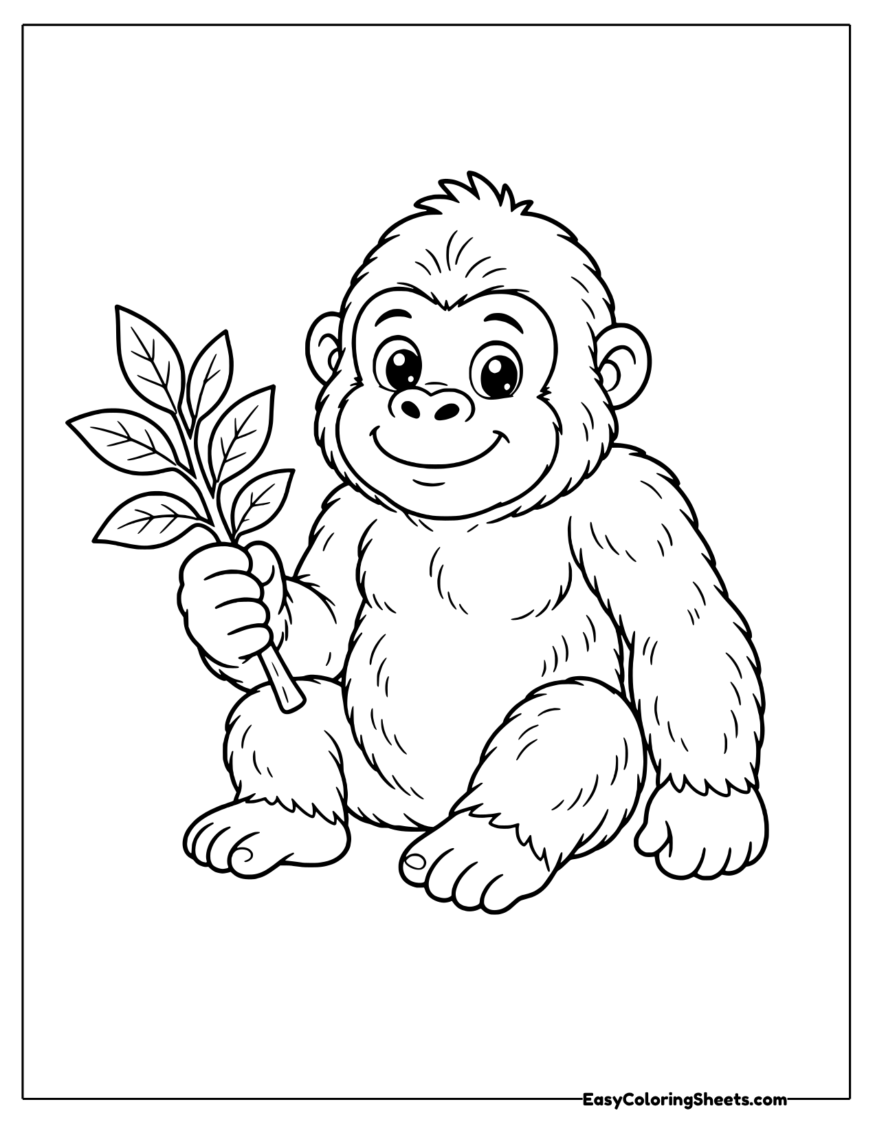 Young gorilla sitting with a leafy branch