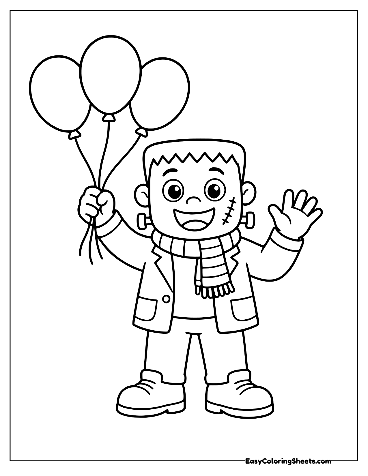 Monster holding three balloons and waving