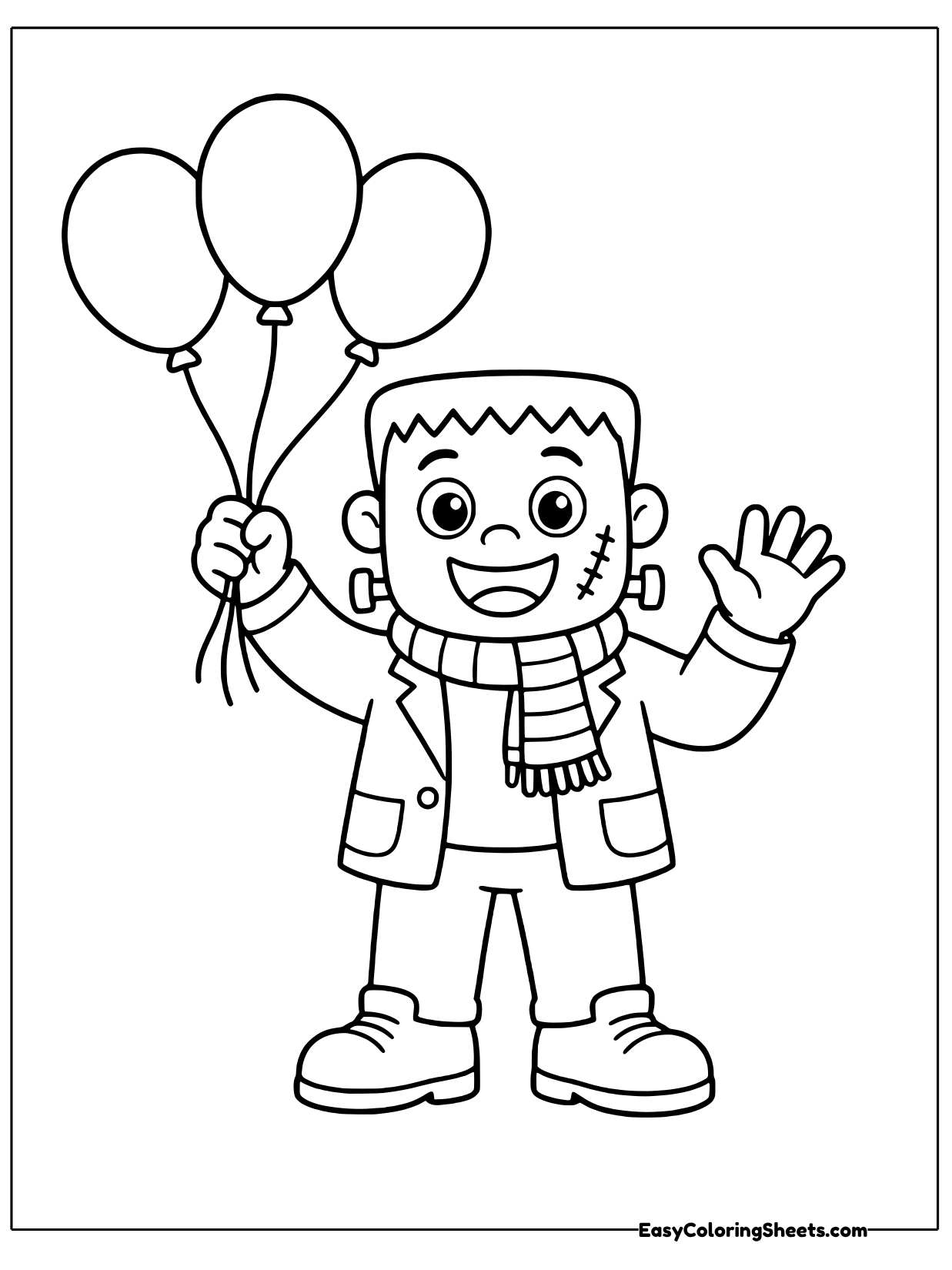 A happy monster holds three round balloons on strings in one hand and waves with the other.
