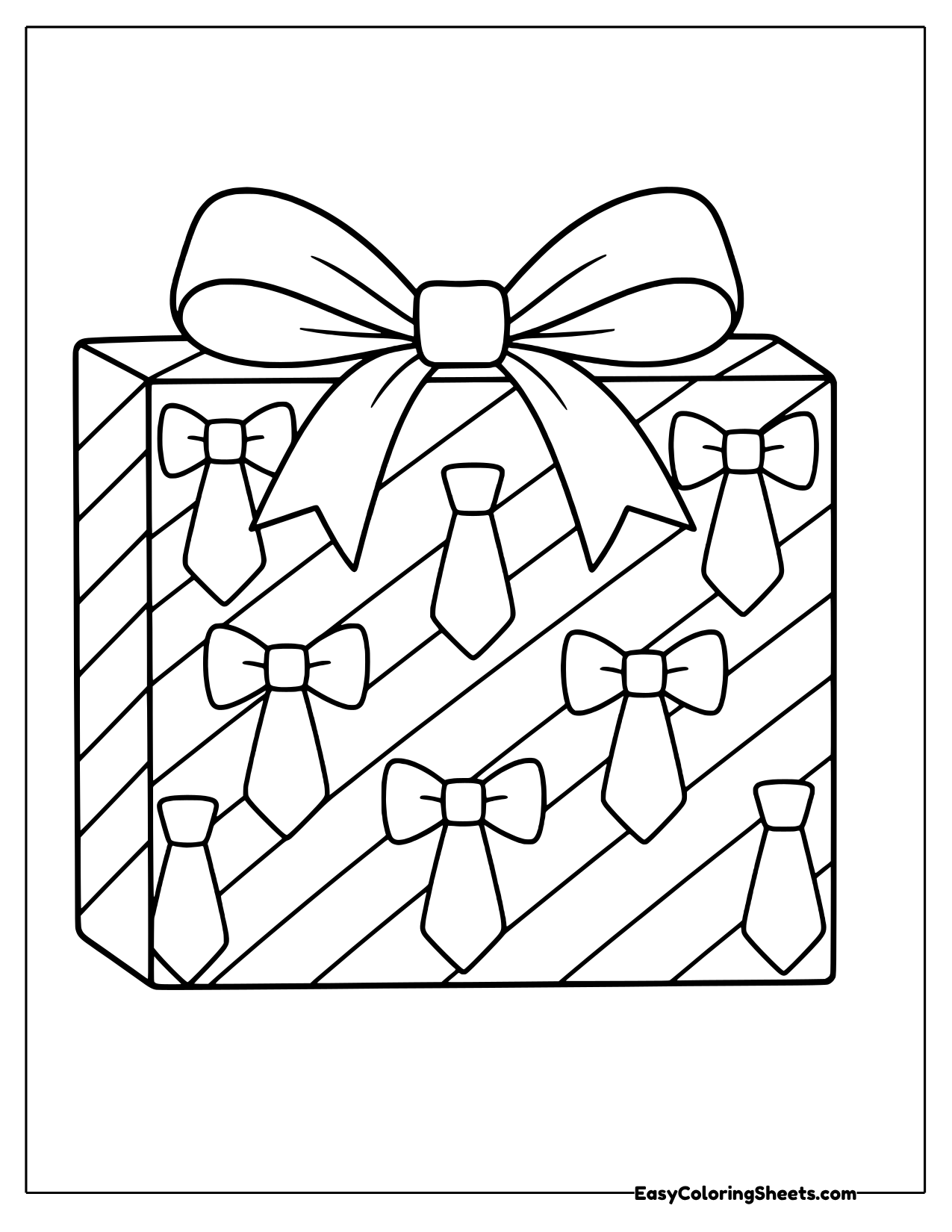 Gift box with a big bow wrapped in paper printed with neckties and bow ties