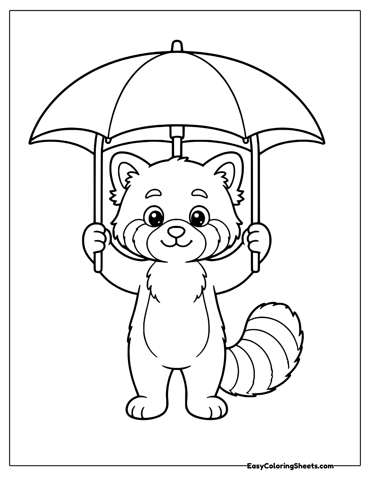Red panda standing under a large open umbrella holding the handle