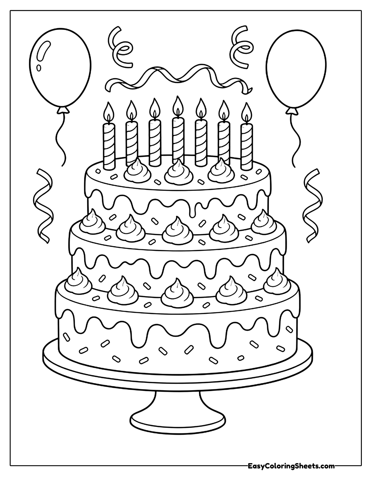 Tiered birthday cake with candles and balloons