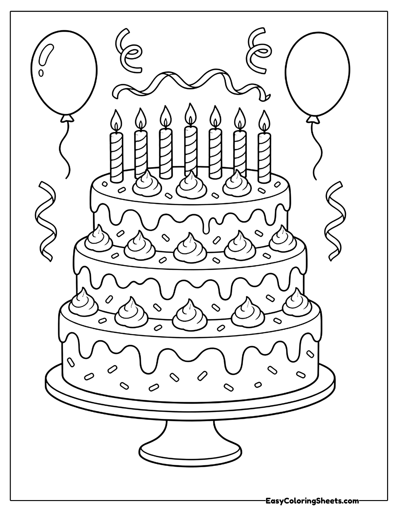 Tiered birthday cake with candles and balloons