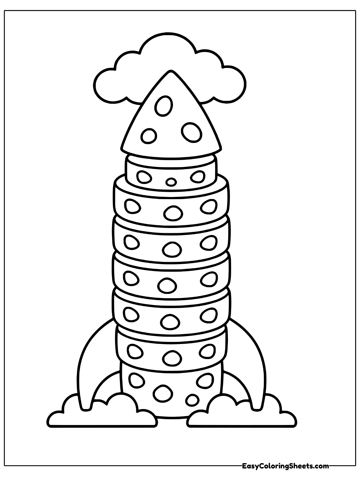 Rounds of holey cheese are stacked into the shape of a rocket with a pointed nose cone and fins on the sides.