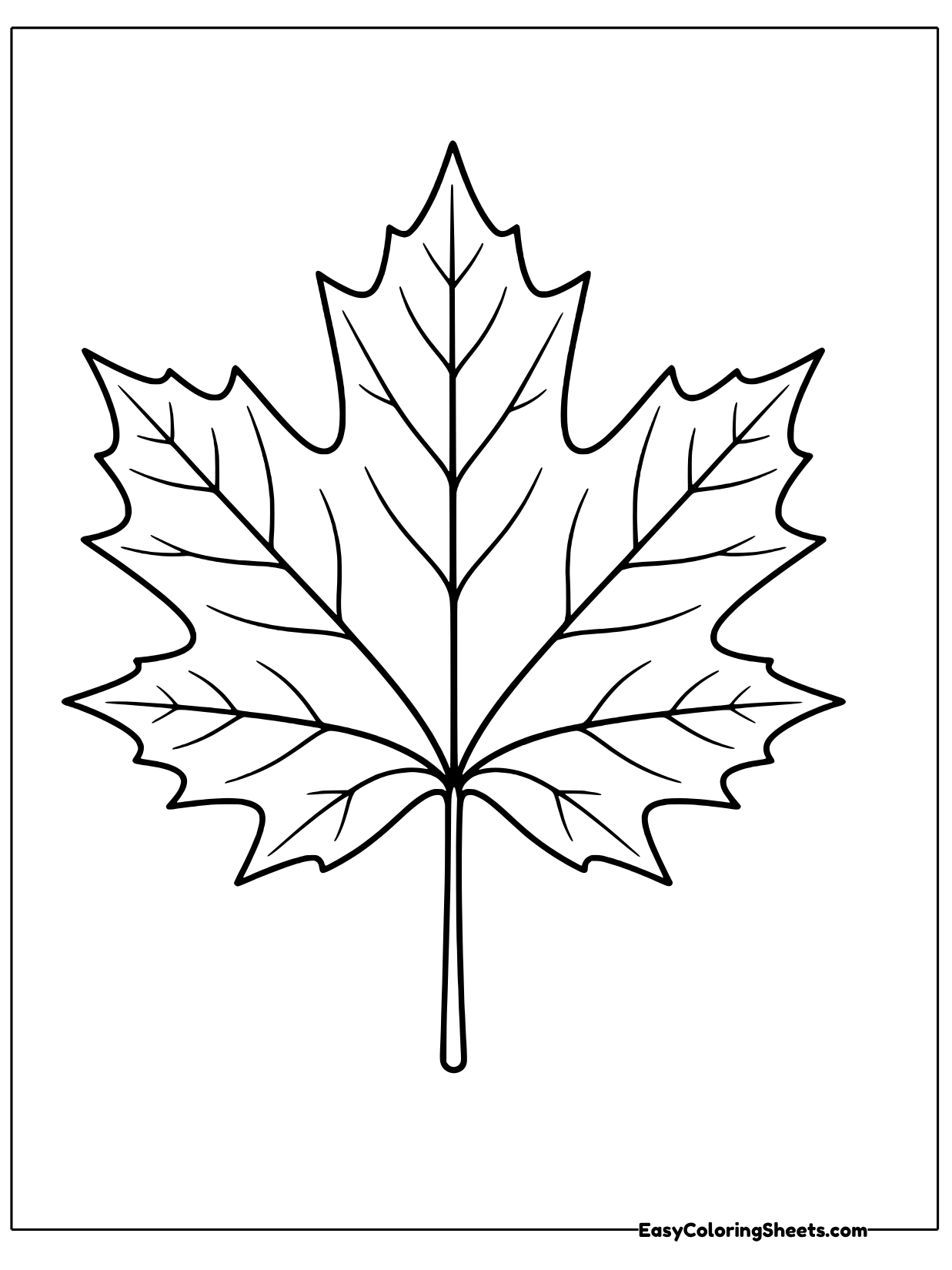 A single maple leaf with a long straight stem fills most of the page.