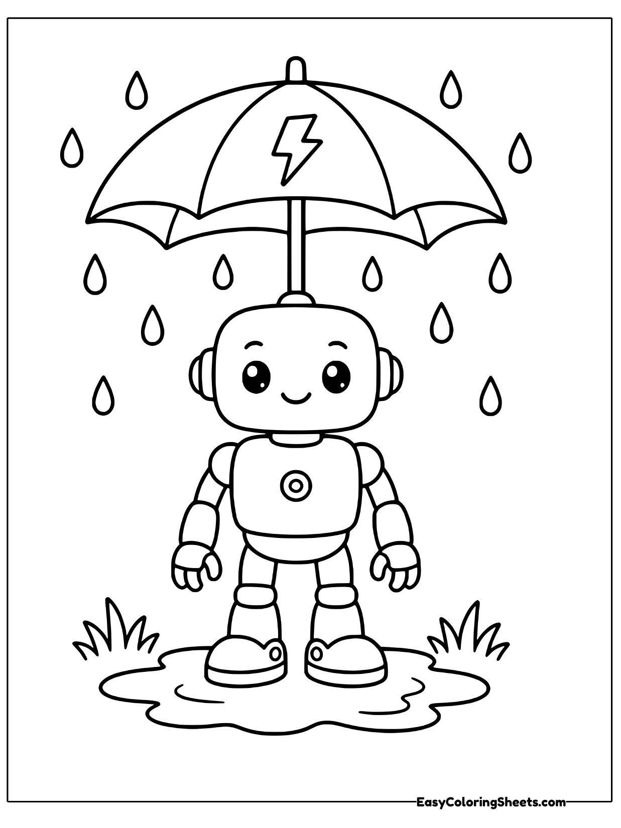 A robot holds a big umbrella with a lightning bolt on it as rain falls around it.
