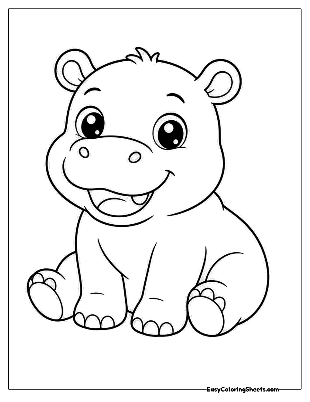Chubby baby hippo sitting with a big smile