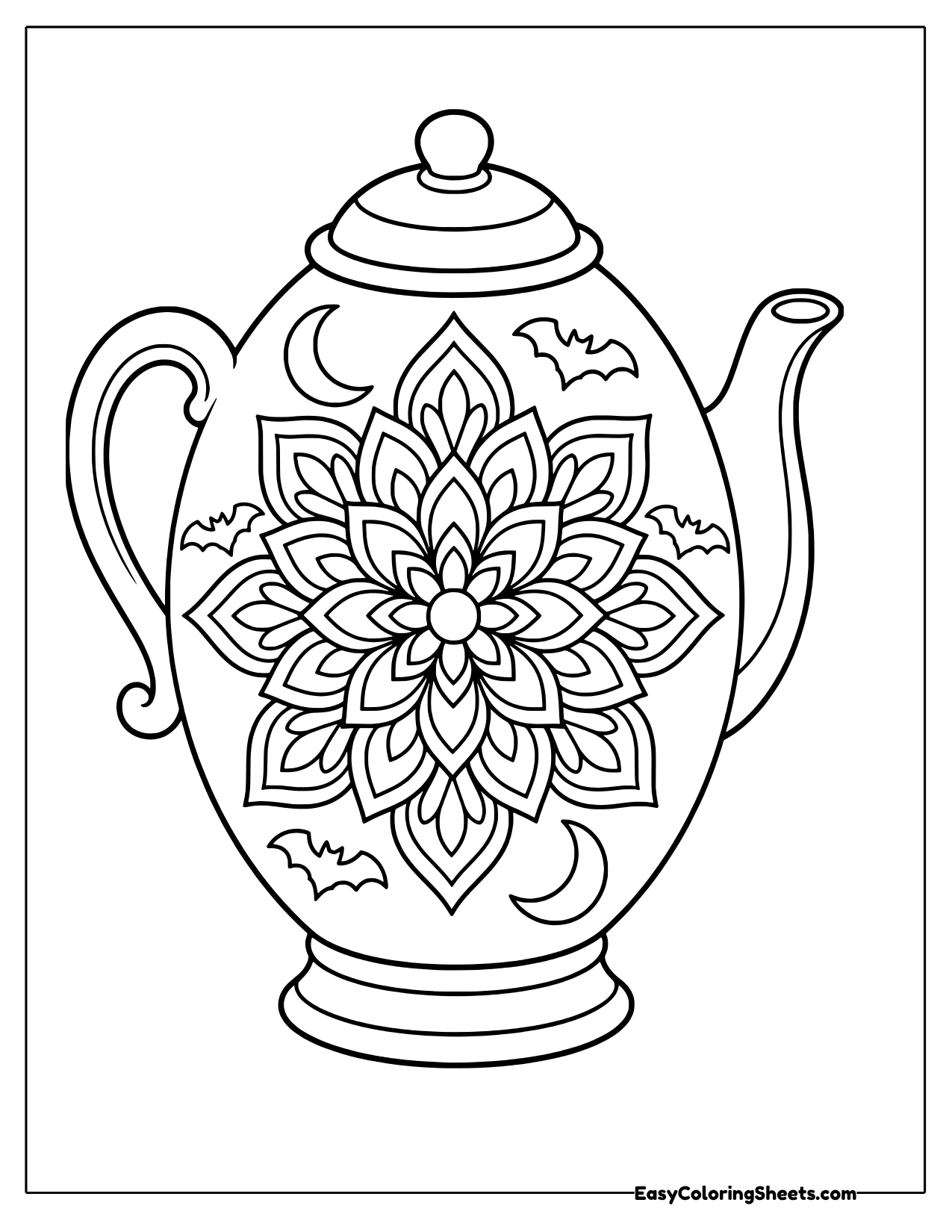 Teapot mandala with a large flower, crescent moons and small bats