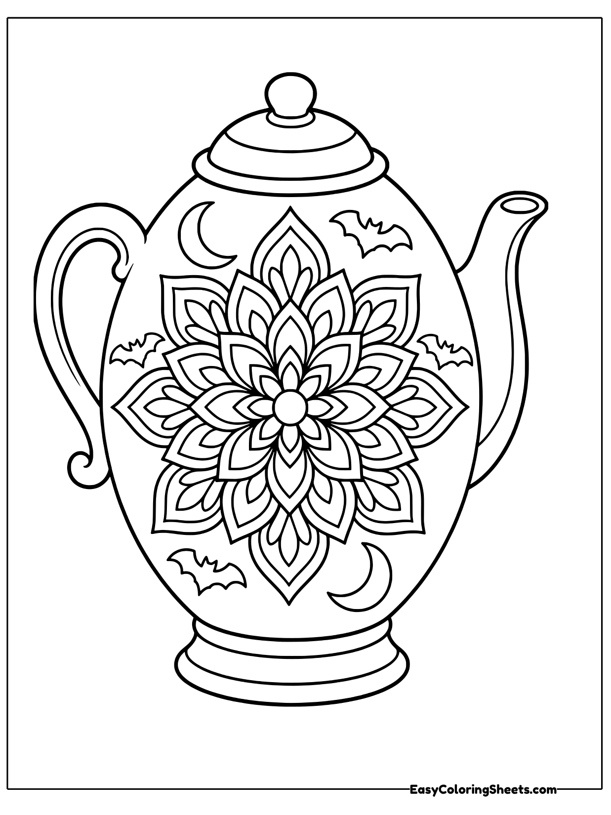 A round teapot with a curved spout and handle shows off a large flower mandala on its belly.