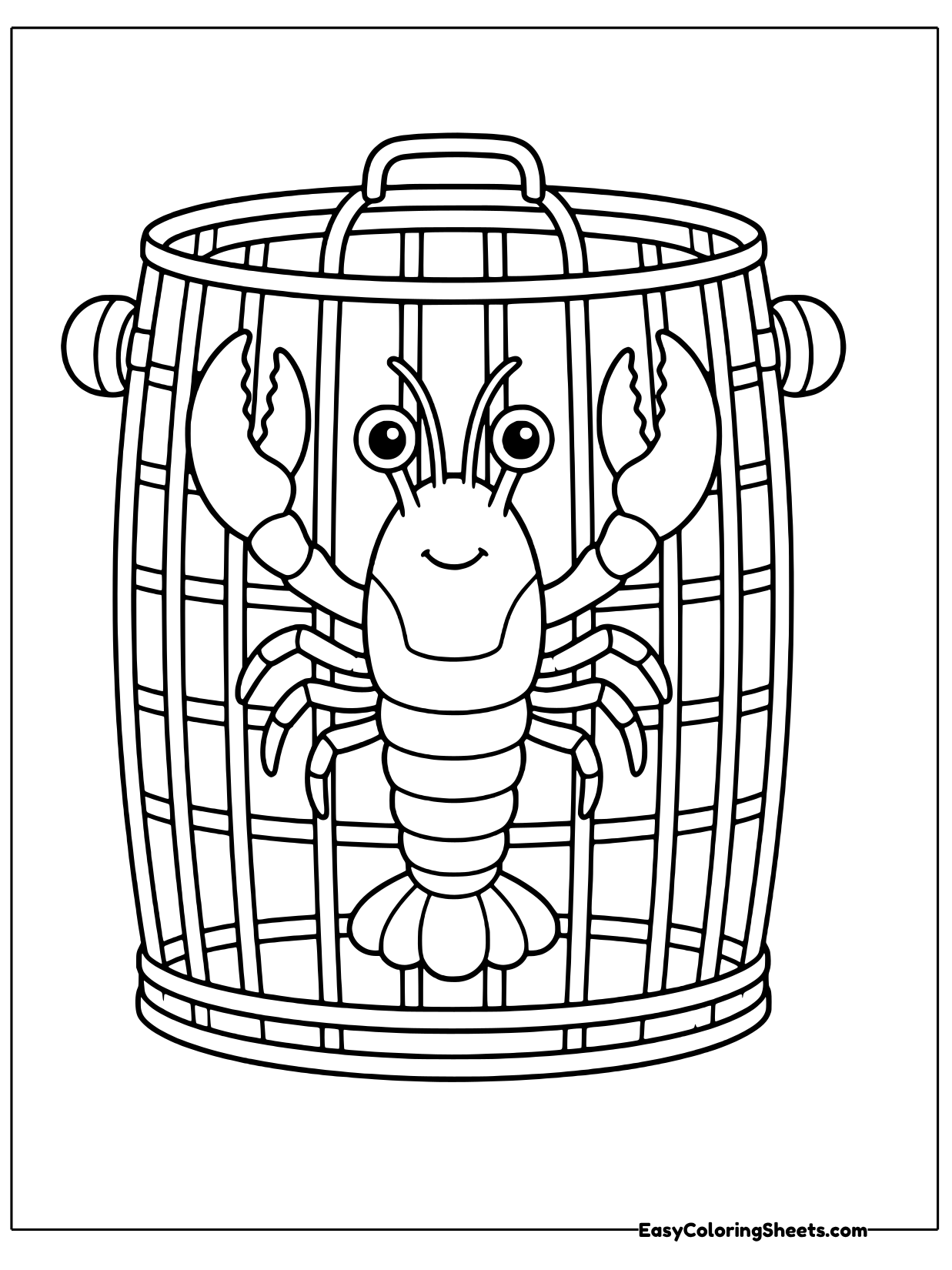 A lobster sits in a round slatted trap with a rope handle on top, looking out between the bars.